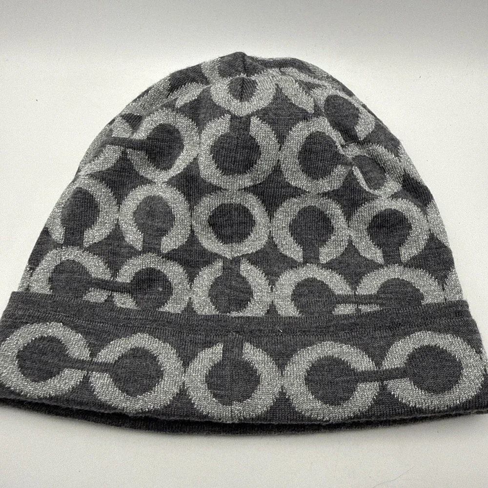 Coach Gray  Silver Knit Beanie Hat Women Geometric Logo Merino Wool